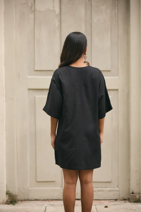 black shirt dress, black oversized fit dress, black mini dress