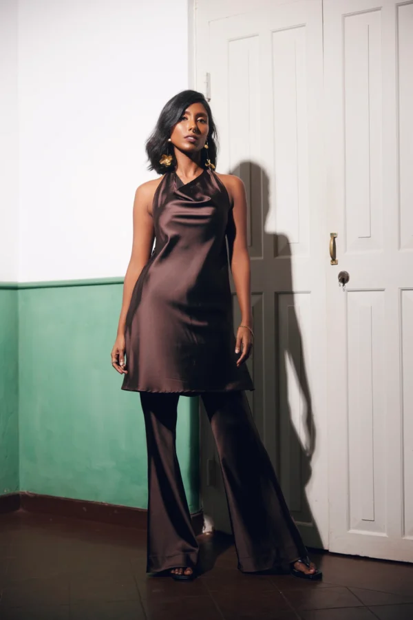 halter neck, evening wear, bias cut, elasticated waitband, cowl