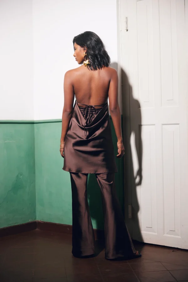 halter neck, evening wear, bias cut, elasticated waitband, cowl